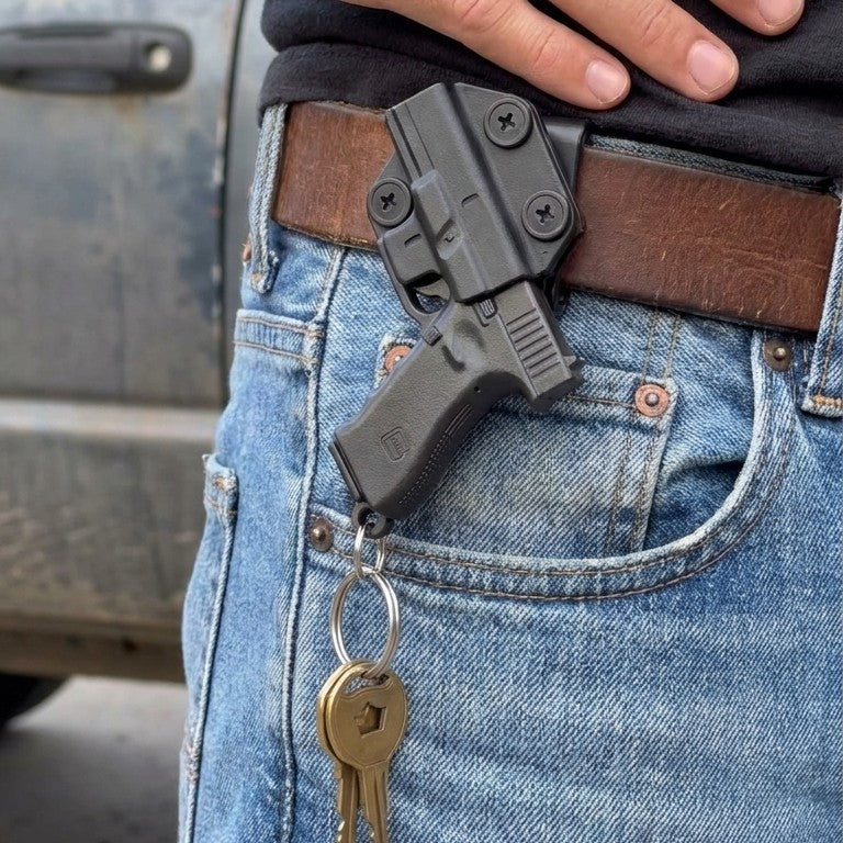 The grey key holder seated in its black holster on a belt, keys hanging out