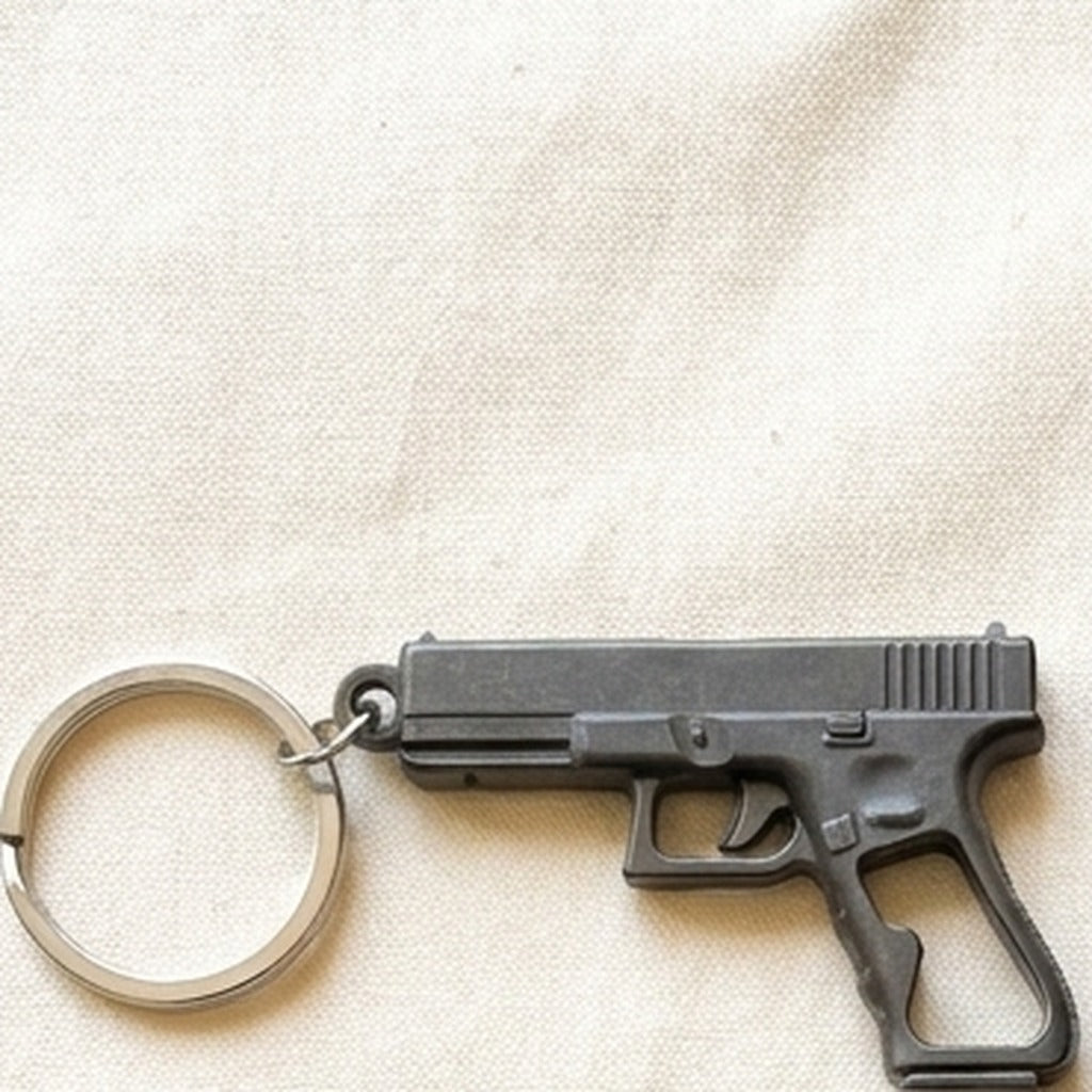 A grey tactical-look bottle opener keychain next to a beer bottle
