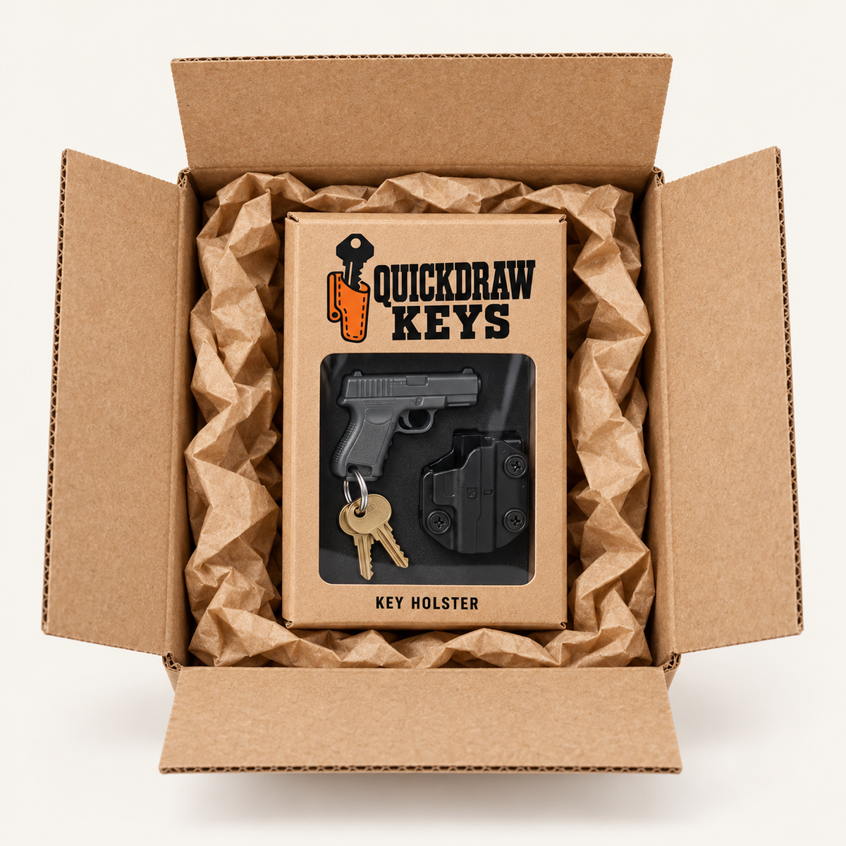 Quickdraw Keys retail box cushioned in a kraft shipping carton